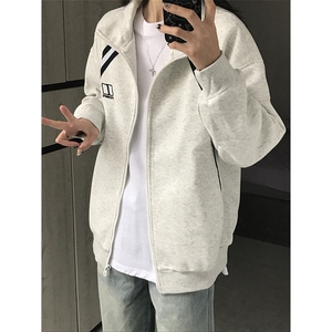 ！白花灰美式运动条纹拼接开衫重磅卫衣外套图片