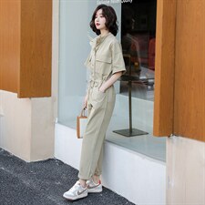 立领连衣裤2021夏装新款简约时尚百搭工装风抽绳收腰显瘦连体裤女，女装连体裤，辉之琳