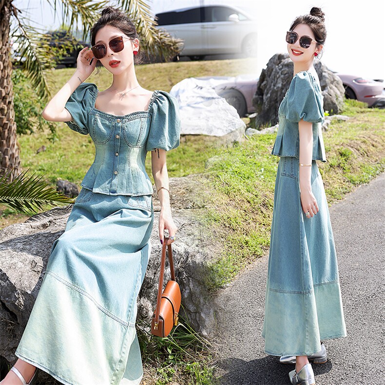 现货2023年夏季新款女装时尚气质显瘦高级炒洗色牛仔两件套,女装套装/套裙,韩蜜菓