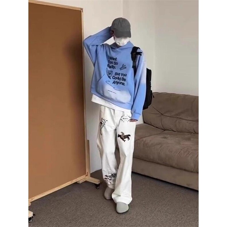 白色刺绣牛仔裤男女春季美式高街hiphop阔腿长裤宽松百搭微喇,男装牛仔裤,四季星座505
