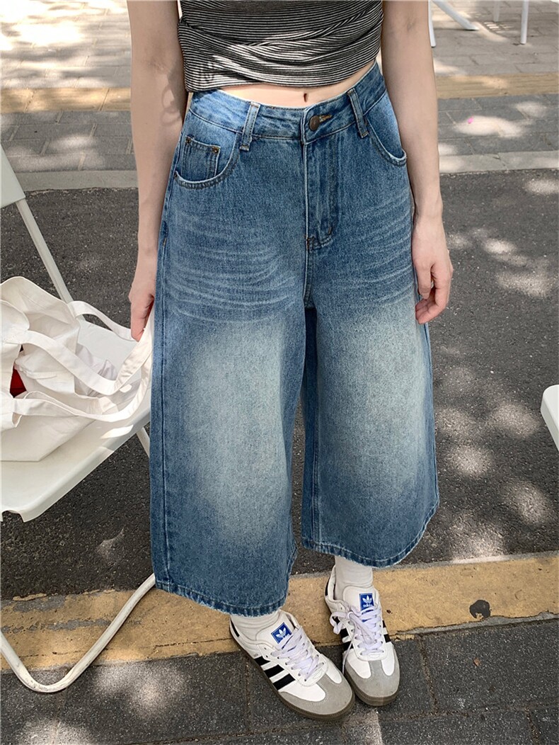 复古阔腿七分牛仔裤女夏季高腰大码胖mm宽松显瘦梨型身材直筒裤子，女装牛仔裤，梦白服饰厂