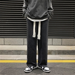 爆！春新品直筒牛仔裤宽松复古系带显瘦阔腿裤XN60P50控68
