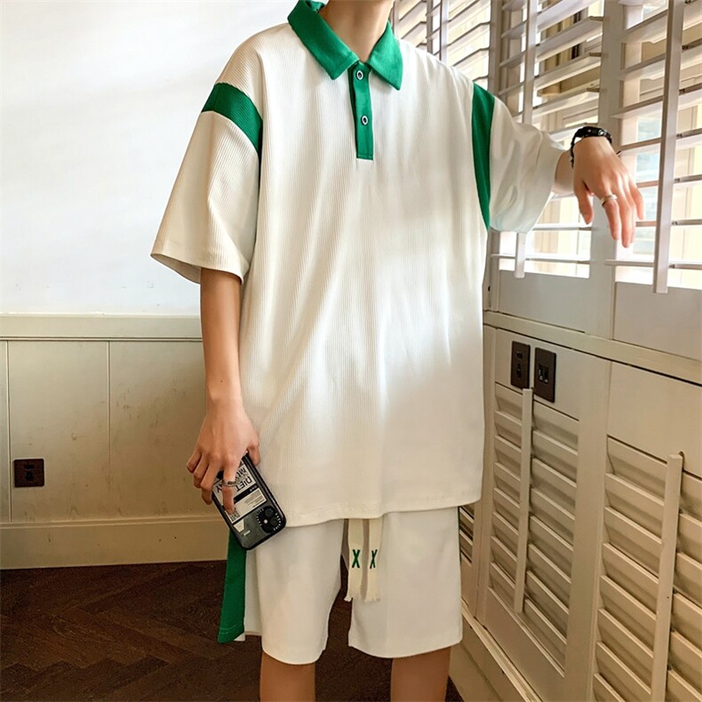 2023夏季冰丝男女运动篮球撞色翻领polo衫短袖T恤短裤套装S14/P60,男装休闲套装,星座608A