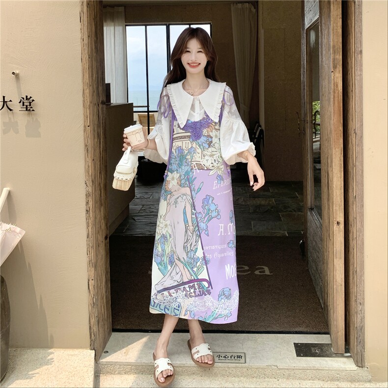 印花套装女夏季2026新款法式娃娃领衬衫蕾丝刺绣领口吊带裙两,女装连衣裙,艾米莉亚