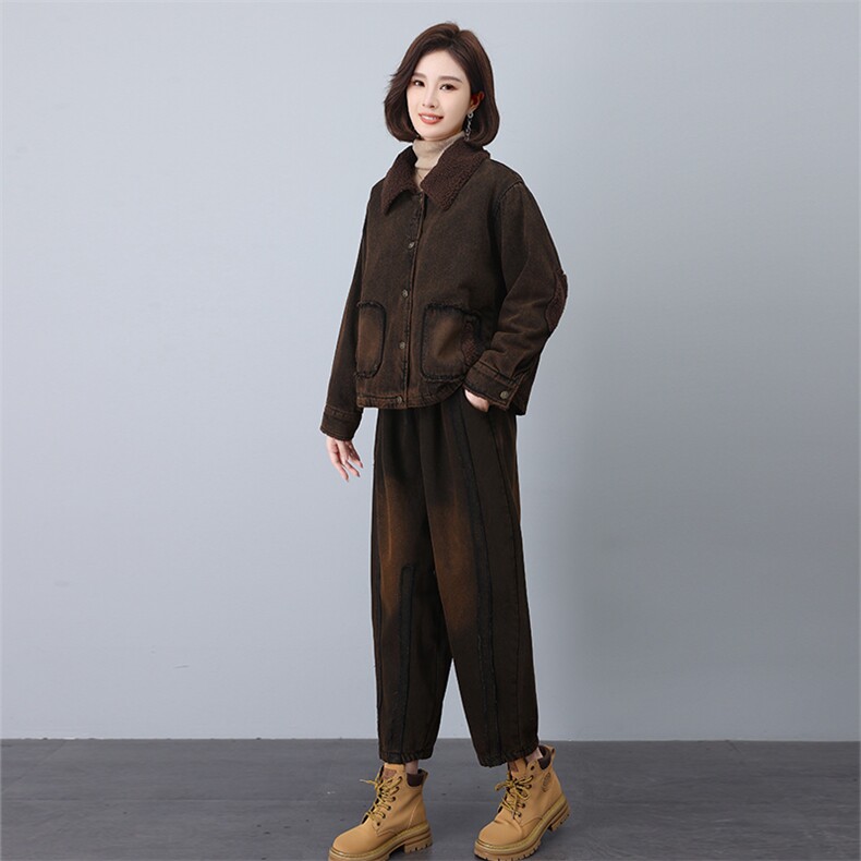叶笙衣套装6565-565翻领仿羊羔毛加绒加厚复古炒色牛仔套装,女装套装/套裙,叶笙衣