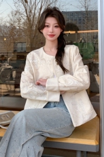 米色高级感国风提花短外套女2025春季新款小个子气质休闲盘扣上衣，女装短外套，浙宝208A