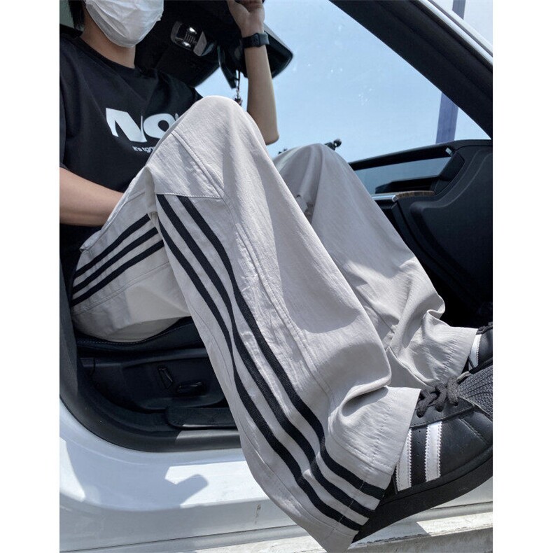 美式条纹休闲裤男秋季慵懒风撞色拼接设计感直筒裤复古显瘦弯刀裤,男装休闲裤,电商B315