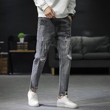 春秋主推九分牛仔裤男修身韩版小脚弹力破洞休闲裤子，男装牛仔裤，星座1008