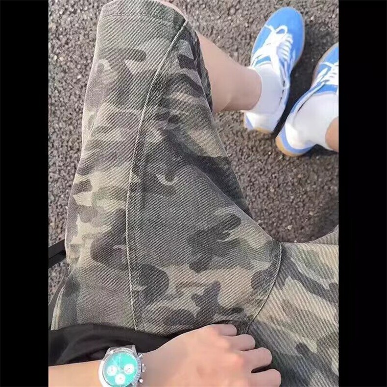 cleanfit迷彩牛仔短裤男夏季薄款美式复古解构裤子过膝工装五分裤,男装牛仔裤,星座1008