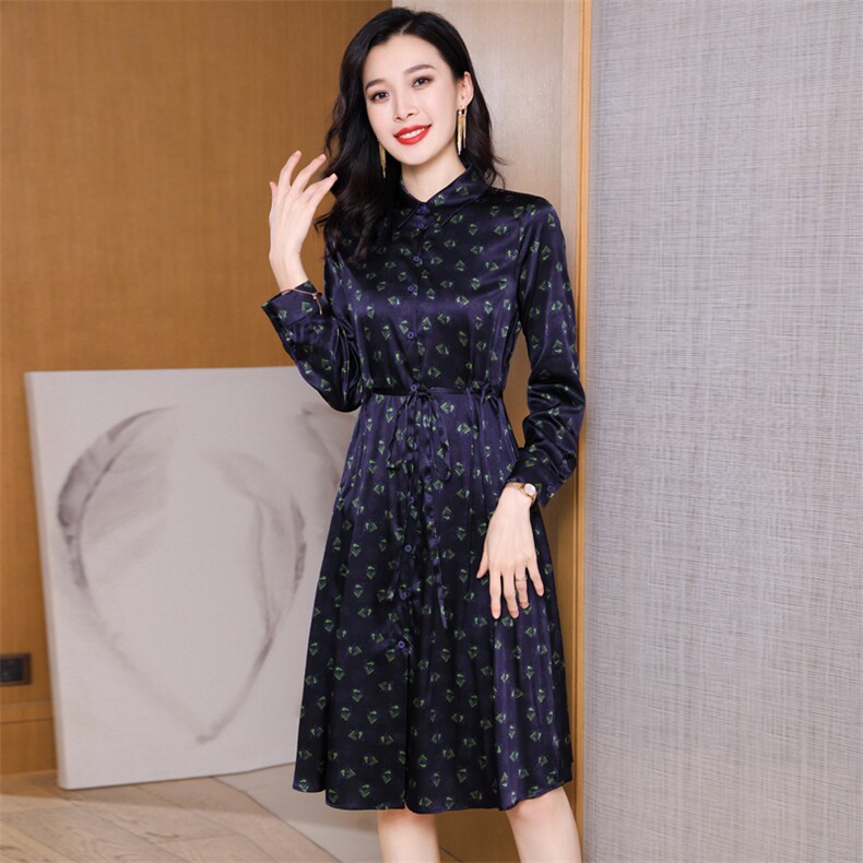 杭州重磅真丝连衣裙女夏季2026新款碎花裙中长款缎面真丝衬衫裙,女装连衣裙,阿舍尔精品
