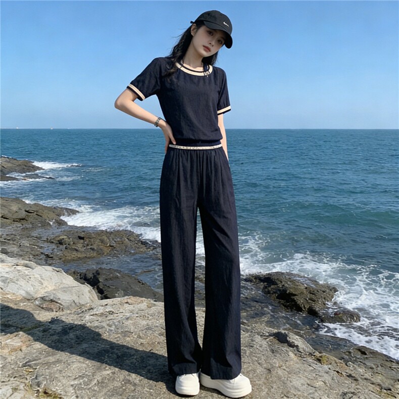 时尚潮流休闲套装女夏季新款高级感显瘦收腰拼接短袖阔腿裤两件套,女装套装/套裙,江南