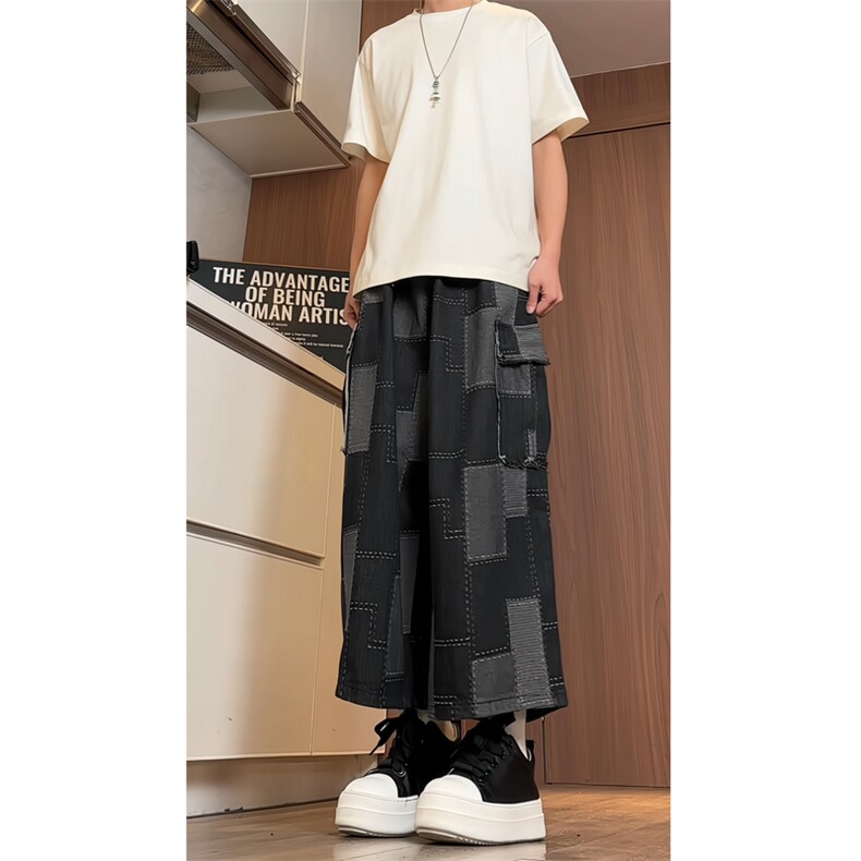 2025春夏装九分裤水洗乞丐版牛仔裤拼接裤子大码A057-K205-P75,男装牛仔裤,电商A057