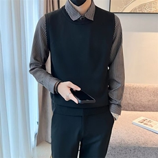 衬衫领休闲假两件毛衣男士春秋条纹针织衫新款轻熟风线衣Q336，男装针织衫/毛衣，星座1116A-2（原606A-1）