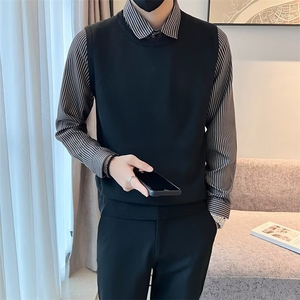 衬衫领休闲假两件毛衣男士春秋条纹针织衫新款轻熟风线衣 Q336图片