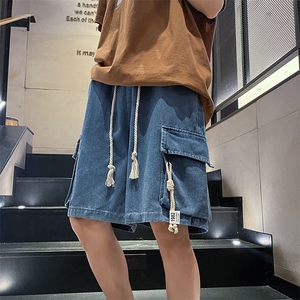 夏季薄款宽松阔腿直筒五分裤美式复古抽绳工装牛仔裤男 K6819-P42图片