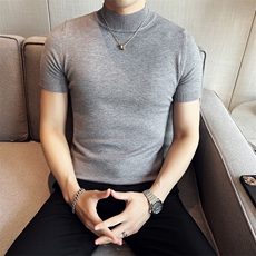 2024春夏款纯色修身半高领短袖针织毛衣打底衫男M03-p45M-4XL，男装针织衫/毛衣，电商D303