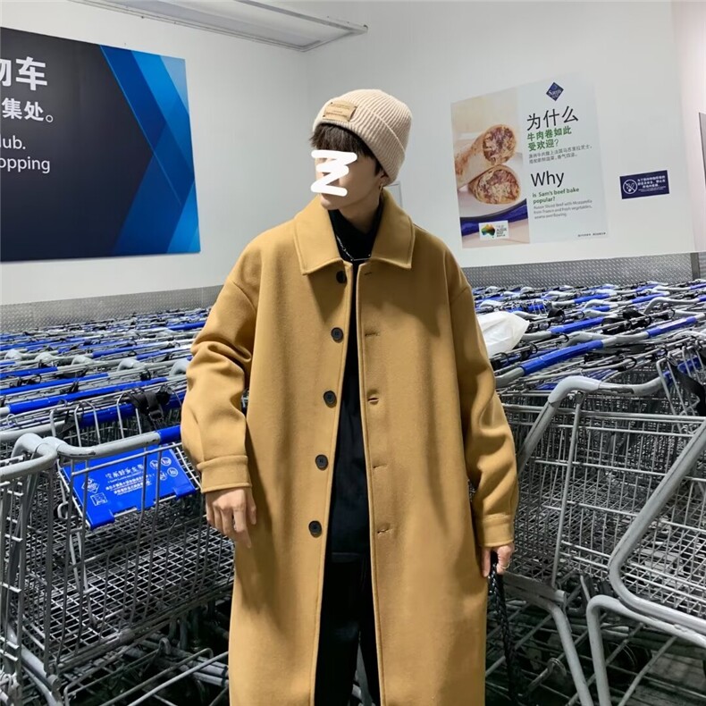 排扣毛呢子大衣男士韩版中长款冬季风衣帅气百搭外套宽松Z20/P48图片