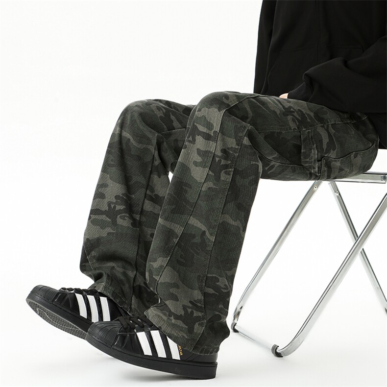 GENIOLAMODE美式直筒迷彩牛仔裤男士秋季新款复古宽松阔腿工装裤,男装牛仔裤,电商B312