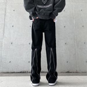 高街牛仔裤黑色拉链款直筒裤裤715-6-BX19P65（控88）图片