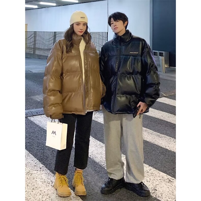 冬季港风情侣PU皮羽绒服ins学生潮宽松加厚面包服立领棉袄外套男，男装羽绒服，星座218-1（原230）