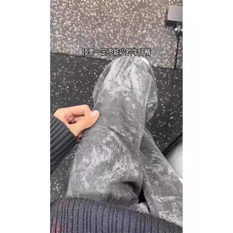 美式复古雪花纹牛仔裤男小众设计扎染裤子潮牌高街痞帅直筒微喇裤图片