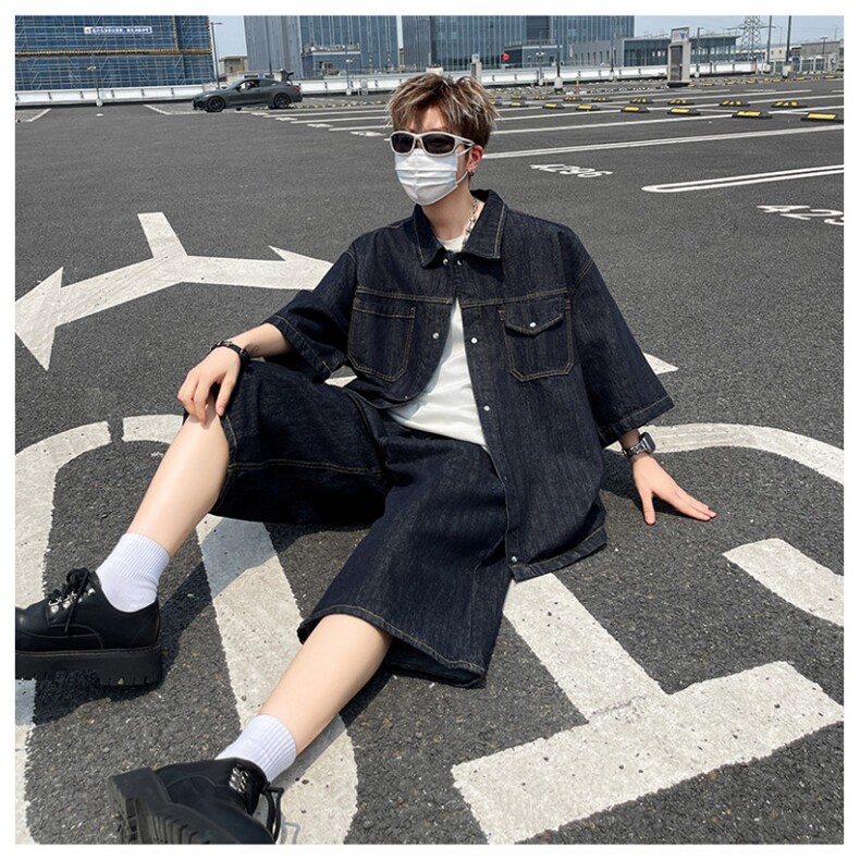 韩系小众短袖牛仔衬衫套装男夏季宽松休闲潮牌衬衣外套TZ010-P110图片