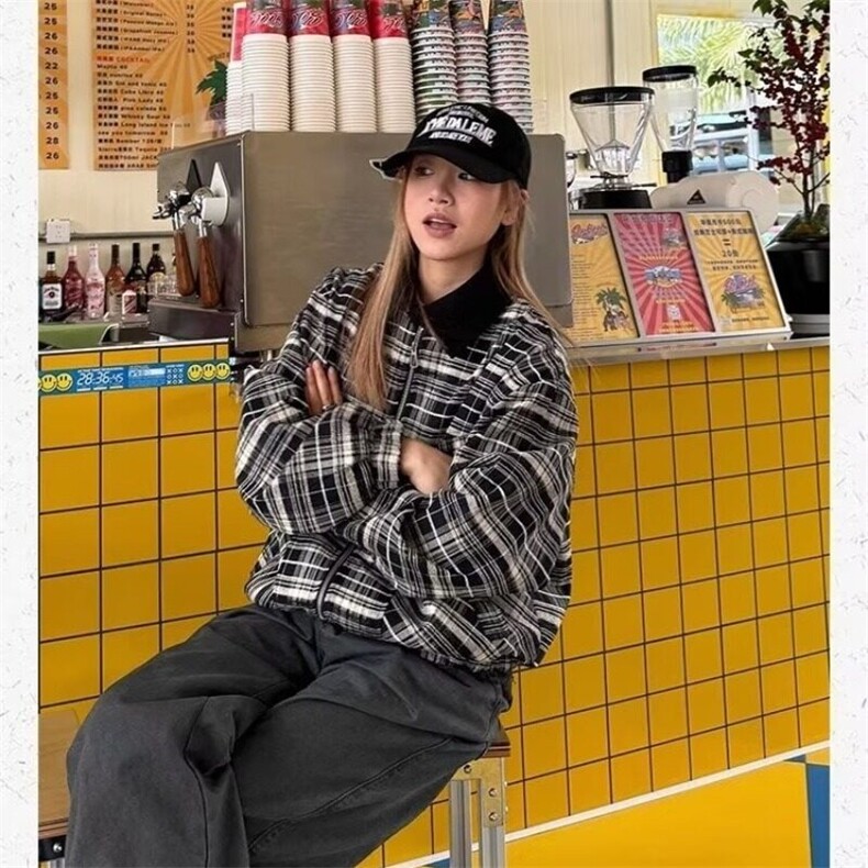 春秋时尚千鸟格夹克男女情侣百搭潮牌工装外套男美式复古格纹上衣,男装夹克,星座506A