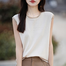 夏季新款圆领精纺羊毛针织短袖女纯色花边袖打底上衣宽松半袖T恤，女装针织衫/毛衣，郡淞羊绒