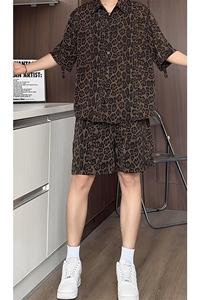 豹纹短袖衬衫男短裤男套装男M-5XL大码TZ78703P50控98立体白底图图片