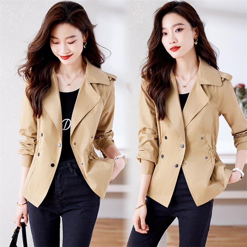 卡其色宽松收腰风衣女秋新款时尚百搭休闲短款显瘦外套双排扣外套，女装风衣，韩蔻秀