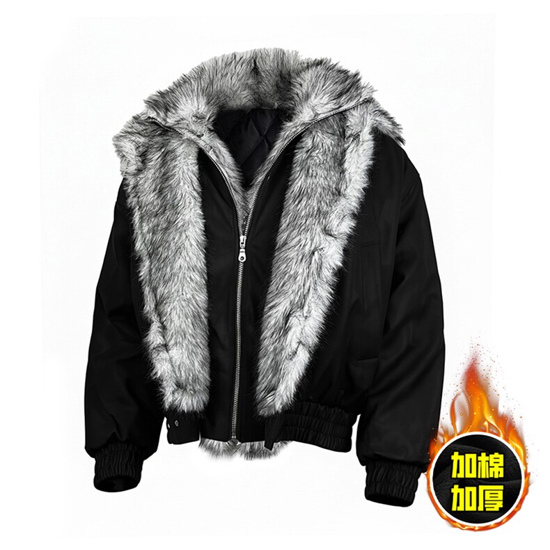 现货高品质美式高街重磅狼王座山雕毛毛领假两件棉衣加厚棉服外套，男装棉衣，电商A486