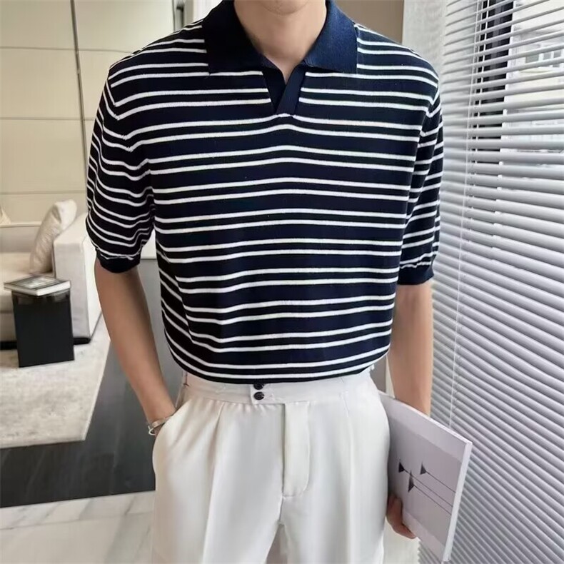 男士条纹Polo衫针织短袖2026新款熟风宽松半袖翻领T恤春秋上衣,男装T恤,星座715-4