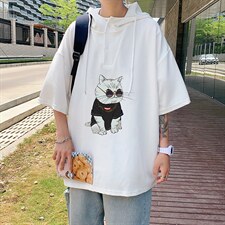 LD54044-P45连帽短袖t恤男大码胖子带帽五分袖中袖，男装T恤，电商A040