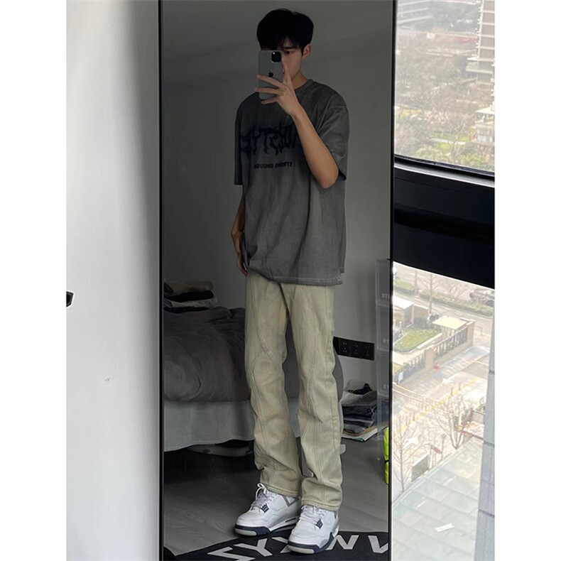 自拍图直播拼接牛仔裤微喇叭高街B342-K7029-P60控88,男装牛仔裤,电商B342