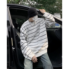 B213-P45秋冬圆领宽松长袖毛衣美式复古百搭休闲条纹针织衫男，男装针织衫/毛衣，星座512-6
