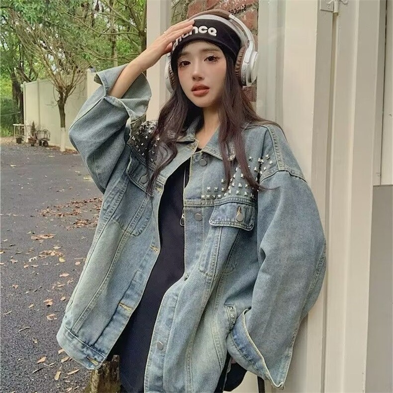 JK29-P72 美式高街头水洗破洞牛仔外套女春秋季设计感小众宽松图片