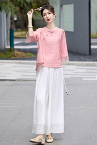 现货！棉麻套装女装2025夏装御姐轻熟风改良汉服休闲减龄两件套裤图片