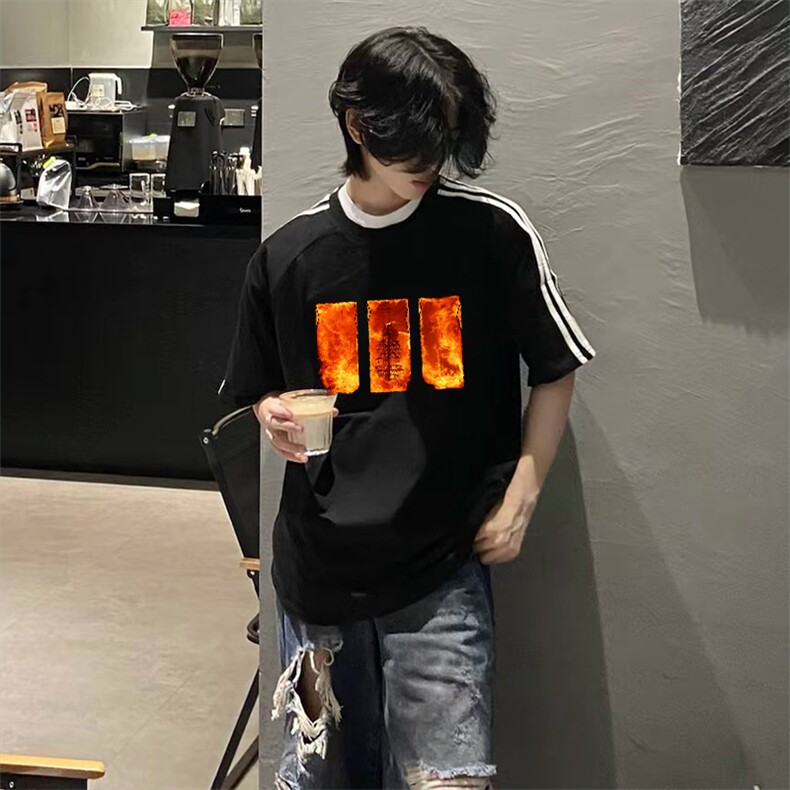 抖音得物高品质二开240克宽松纯棉美式潮牌三条杠织带短袖T恤,男装T恤,电商A486-1