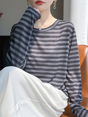2025秋冬时尚简约条纹针织衫细条纹，女装针织衫/毛衣，羊特美羊绒