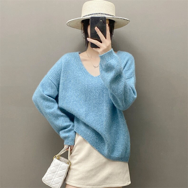 重磅康赛花纱V领羊绒衫女宽松慵懒针织套头毛衣软糯羊毛打底秋冬,女装羊绒衫,织绒羊