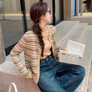 小香风条纹羊毛开衫外套女春秋2025年新款小个子盐系轻熟减龄上衣图片