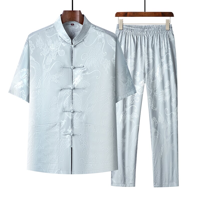 中老年唐装男士休闲短袖套装夏季爸爸装爷爷晨练服汉服图片