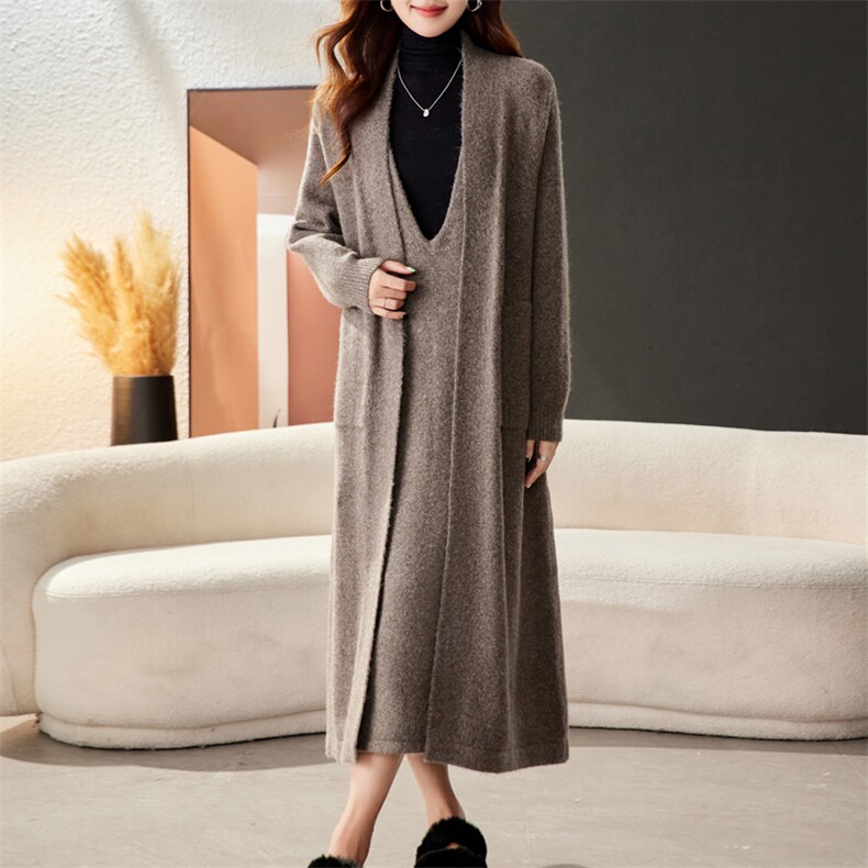 现货可推2024秋冬新款磨毛针织长款加厚保暖含绵羊毛针织风衣开衫，女装针织衫/毛衣，时尚风爆