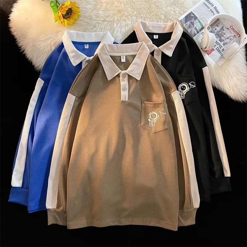 春季潮牌学院风拼色长袖Polo衫男刺绣美式复古宽松卫衣W0505-P33图片