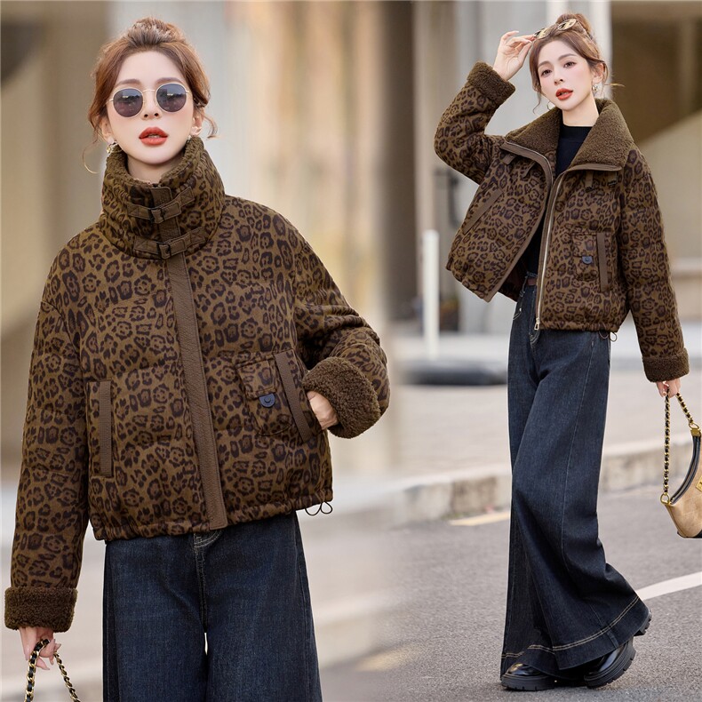豹纹羊羔毛翻领短款羽绒服女2025冬季新款白鸭绒加厚保暖,女装羽绒服,余墨