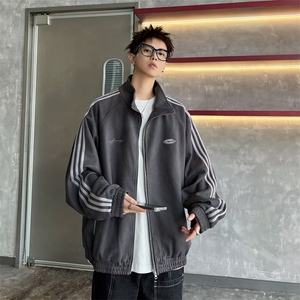 三杠立领外套男美式开衫卫衣港风高街潮牌宽松休闲夹克W6248-P47图片