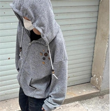 美式复古木质纽扣设计感针织连帽外套男女小众早秋慵懒风开衫卫衣，男装针织衫/毛衣，星座506A