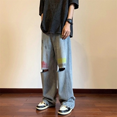 美式破洞牛仔裤男手绘个性高街帅气2023夏季ins宽松长裤RK597-P45，男装牛仔裤，星座412-3