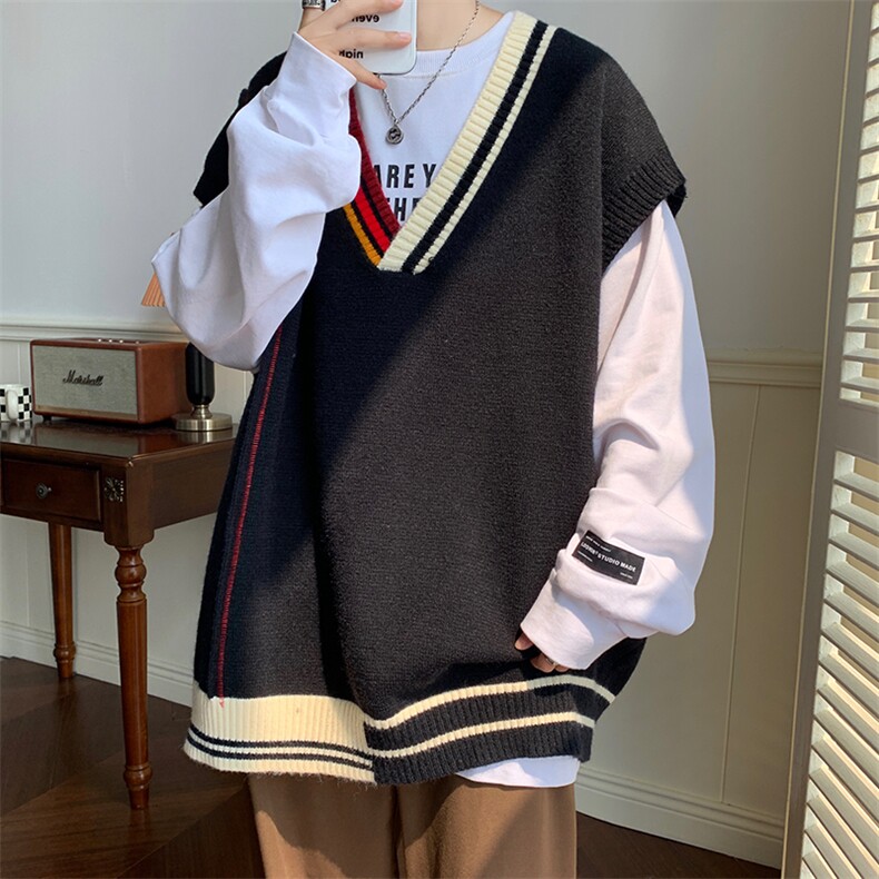 肖战同款毛衣背心针织马甲学院校园风V领上衣大码中性风9021-P55图片