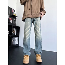 复古美式蓝色扎染牛仔裤男女潮牌宽松直筒休闲高街hiphop微喇长裤，男装牛仔裤，星座410-7